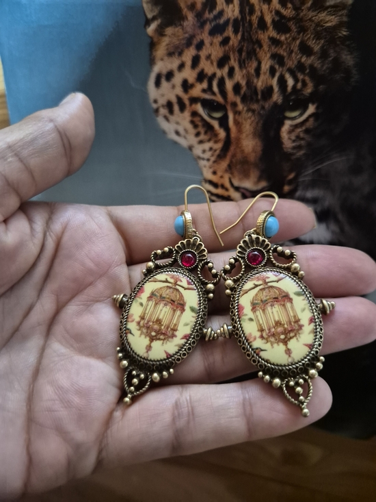 The Unbranded Brand Jewelry - Antique-Style Yellow Cameo Drop Earrings with Red and Turquoise Accents